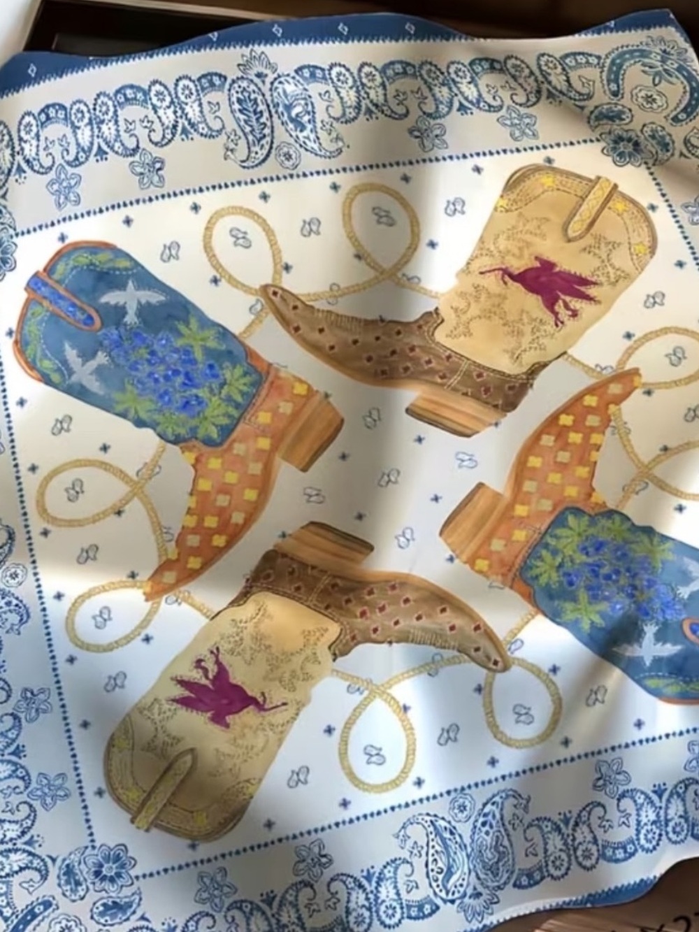 Western Cowboy Boots Print Silky Scarf in Cream, Blue and Tan 19” x 19”